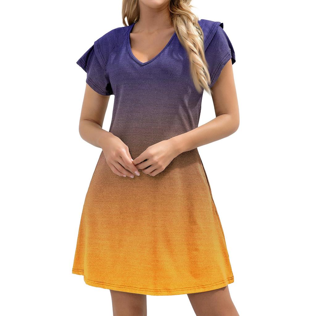 Women's Casual V-Neck A-Line Dress With Short Ruffled Edge Cuff Pocket Dress Cuff Pocket Dress