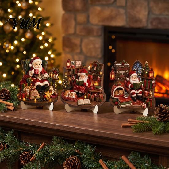 Decorative Wooden Holiday Signs 2D Christmas Castle Tabletop Ornament, Santa Scene Bookshelf Decoration Festive Fireplace Table Decor with Stand, Gift