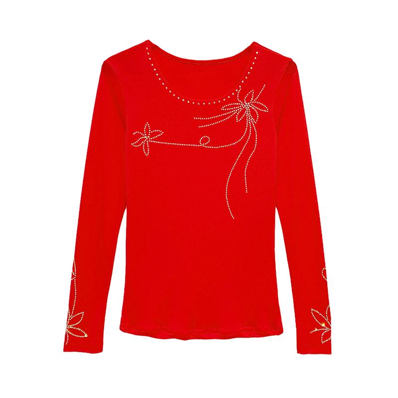 Весна Осень Женская Футболка со Стразами Горячей Фиксации Элегантная С Круглым Вырезом и Длинным Рукавом Приталенные Женские Топы