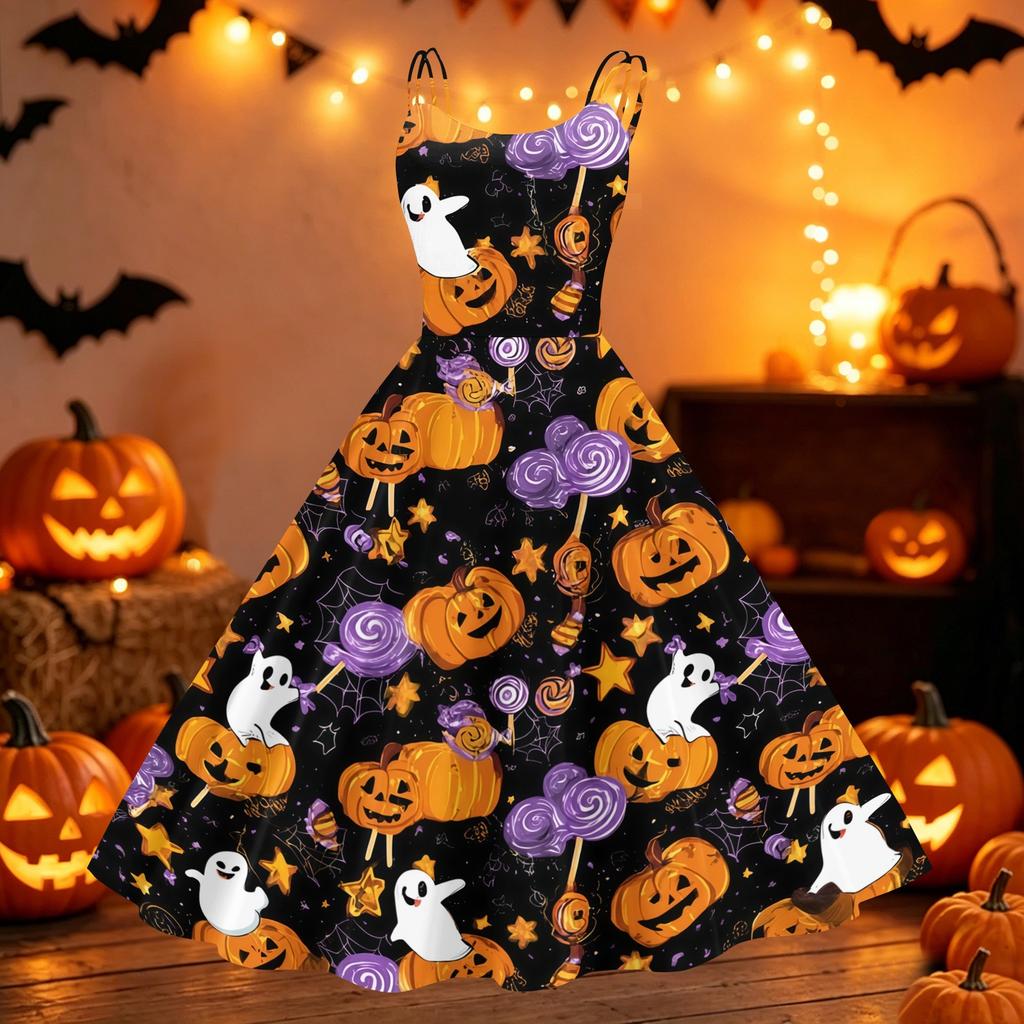 Women's Halloween Pumpkin Print Off Shoulder Dress Vintage Punk Style Flared Skirt Sleeveless Spaghetti Strap Dress