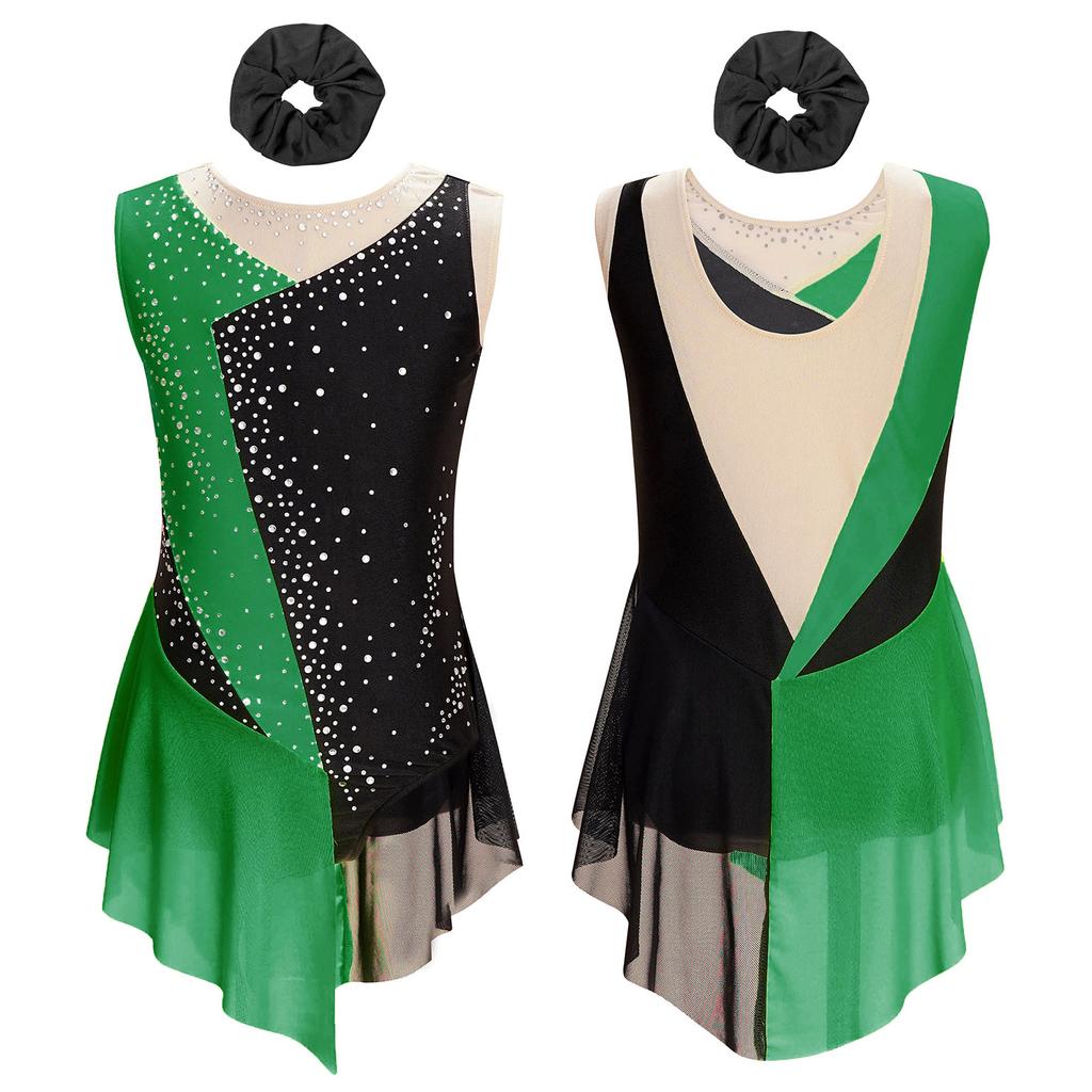 Костюм для девочек по фигурному катанию, блестящий купальник со стразами и цветными блоками, прозрачная сетка, пэчворк, художественная гимнастика, танцевальная одежда