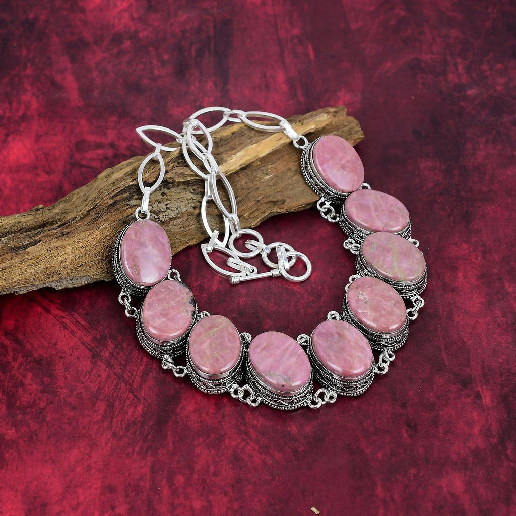 Rhodonite 925 Solid Sterling Silver Necklace & Bracelet Jewelry Set, Gorgeous Gemstone Jewelry Set Handmade Natural Jewelry For Gift