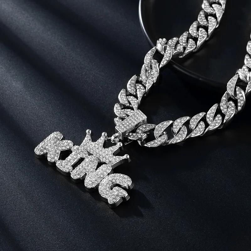 Men Women Hip Hop Bling KING QUEEN Letter Pendant Necklace 13mm Miami Cuban Link Chain Necklaces Iced Out Charm Fashion Jewelry