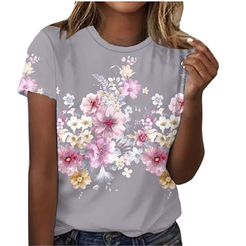 Summer Round Neck Beautiful Floral Print Top Fashionable Casual Short Sleeved Women's T-shirts
