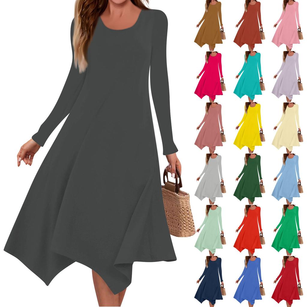 Women's Casual Fashion Round Neck Long Sleeve Solid Color Irregular Hem Midi Dress