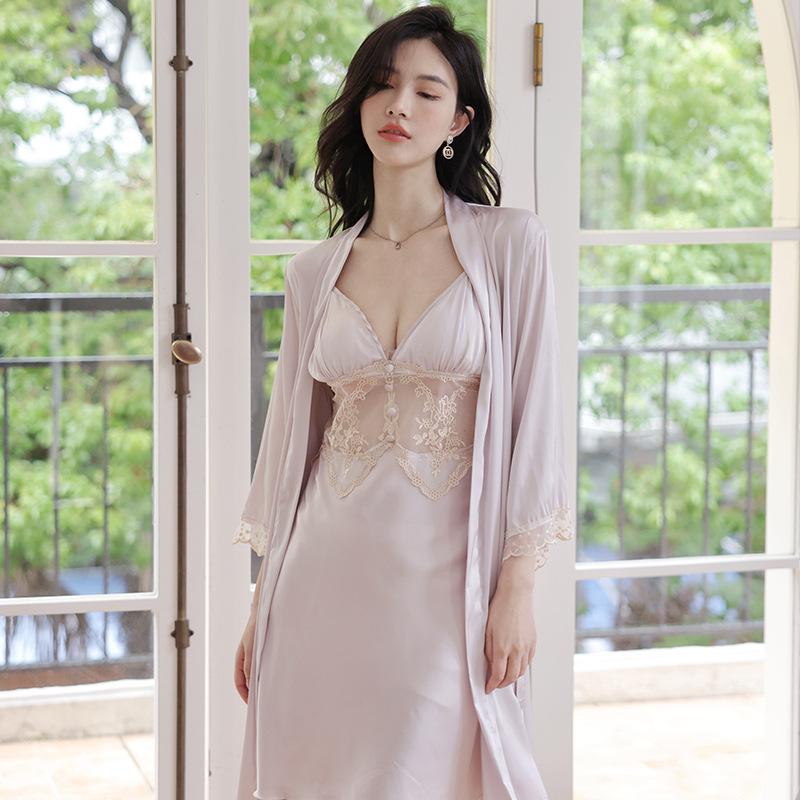 [Strict selection] Spring and summer new suspender nightgown two-piece set with chest pad loungewear women's satin sexy pajamas women