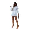 Women Spring Summer Stand Collar Solid Color Loose Sleeve Single Breasted Shirt Suit Casual Wide Leg Lace Shorts Two Piece Set S-XL