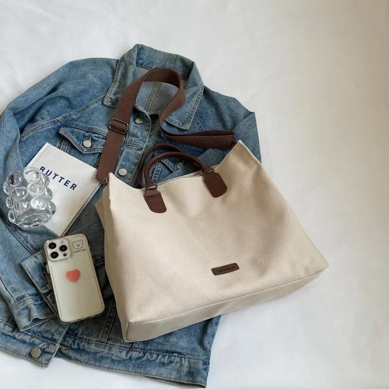 Large Capacity Monochromatic Canvas Bag for Women Concise High-quality Tote Elegant Designer Luxury Crossbody Bag