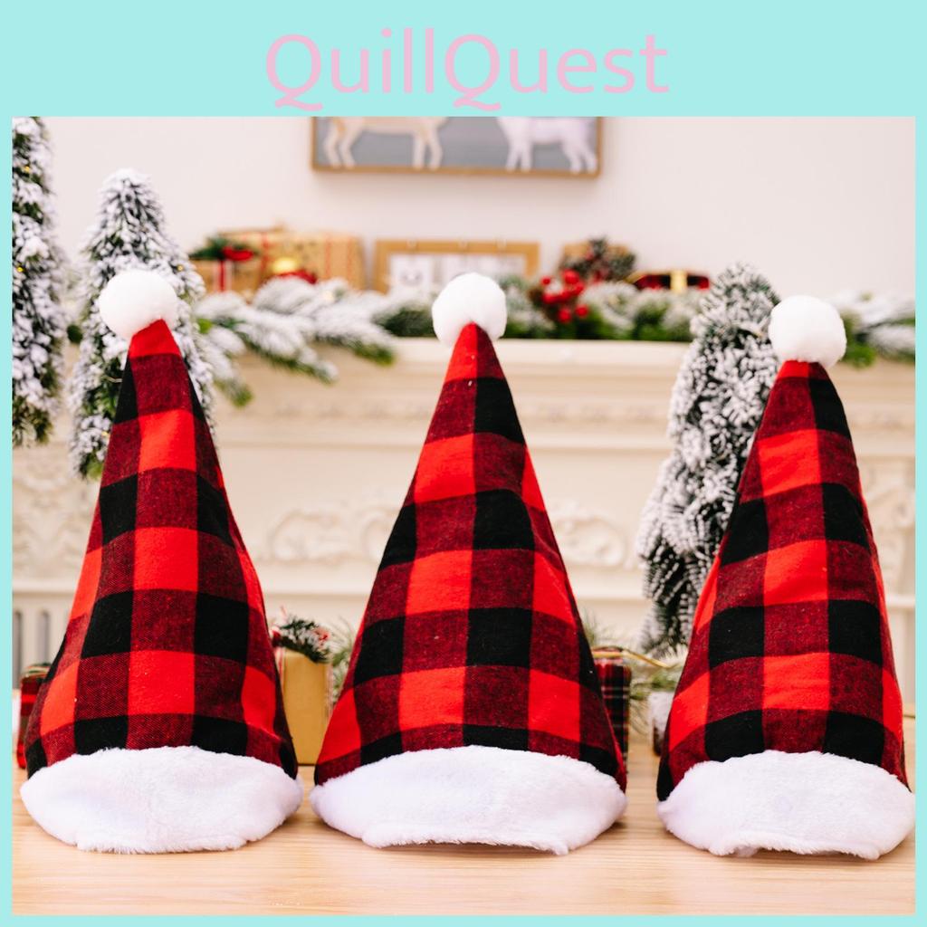 Cozy Red And Black Plaid Christmas Hat With Soft White Fur Pom Poms For Festive Cheer