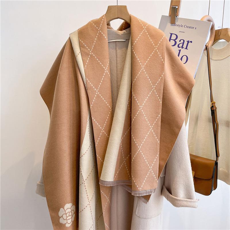 New Versatile Imitation Cashmere Scarf Women's Winter Plaid Flower Long Shawl Student Scarf Thickened Scarf