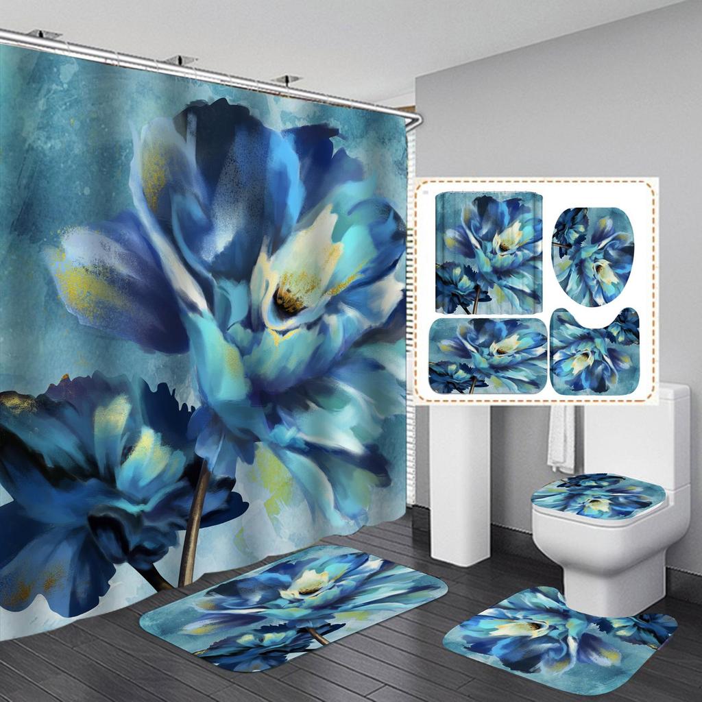 4 PCS Full Set Bathroom Set Shower Curtain Bath Non-Slip Floor Mat Carpet Home Bathroom