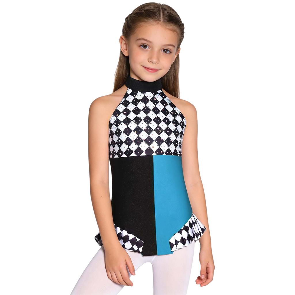 Girls Clown Costume Sparkly Rhinestones Jumpsuit Halter Sleeveless Plaid Pattern Ruffled Trim Bodysuit