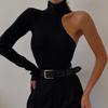 Bodysuit One Shoulder Hollow Knitted Turtleneck Solid Color Elastic Soft Warm Bodysuit Skinny Lady Spring Fall Top