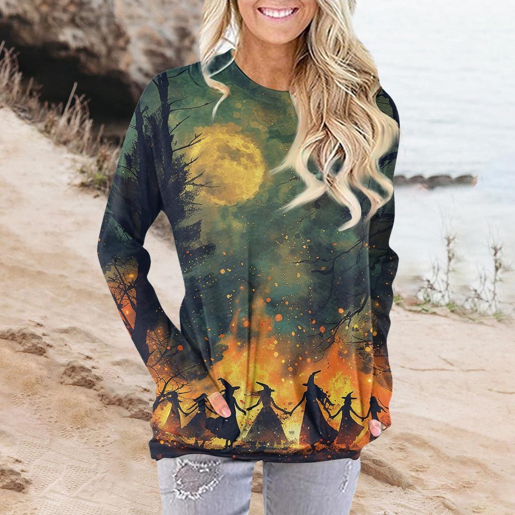 Женская модная повседневная футболка с круглым вырезом и принтом, длинными рукавами и карманами