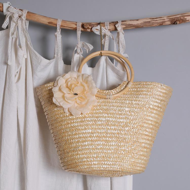 2025 Плетеная сумка из пшеничной соломы с деревянной ручкой - Женский пасторальный стиль Ин Мори-гёрл