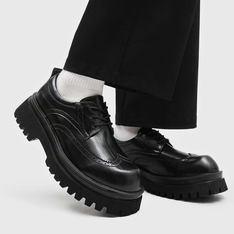 Big head leather shoes men's platform heightening British derby shoes dress block carved wedding groom shoes