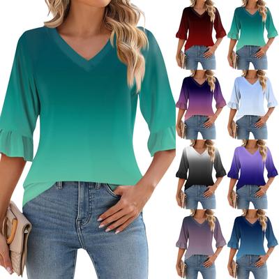 Женский повседневный топ с рукавами 3/4, летняя футболка с v-образным вырезом и пышными рукавами