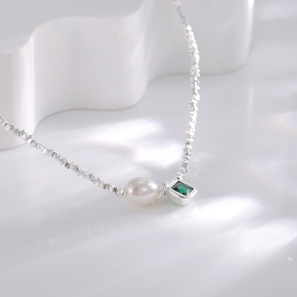 S925 серебряное легкое роскошное сломанное серебряное ожерелье сломанное серебро несколько таэлей квадратный изумруд циркон темперамент бусина маленькая квадратная бижутерия