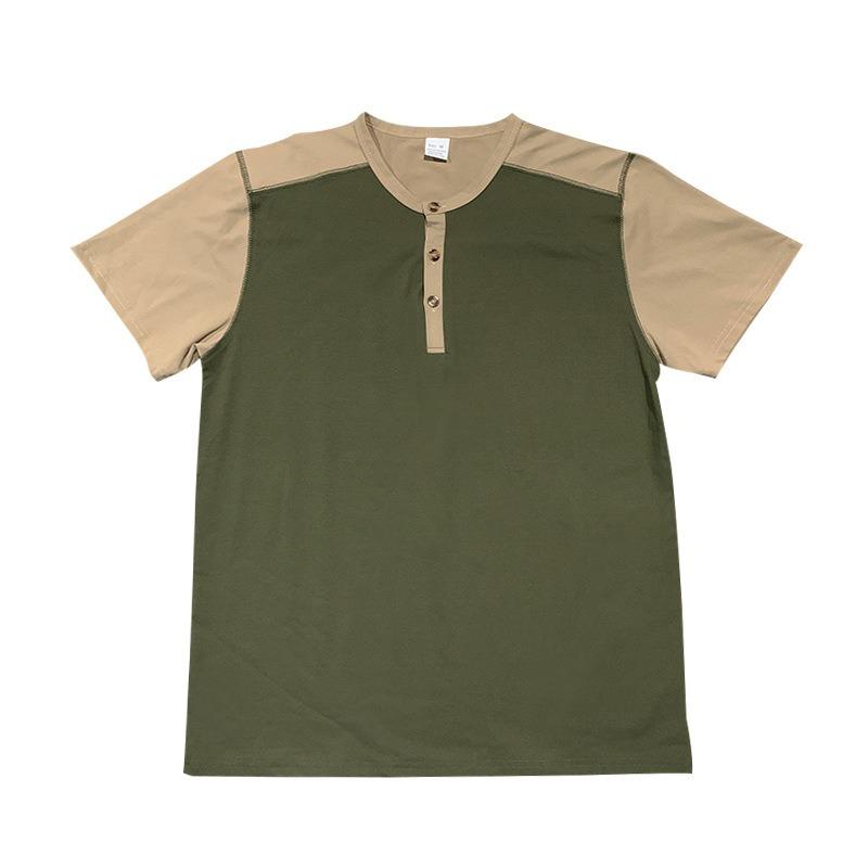 Мужская повседневная свободная футболка-henley с коротким рукавом и цветовыми блоками