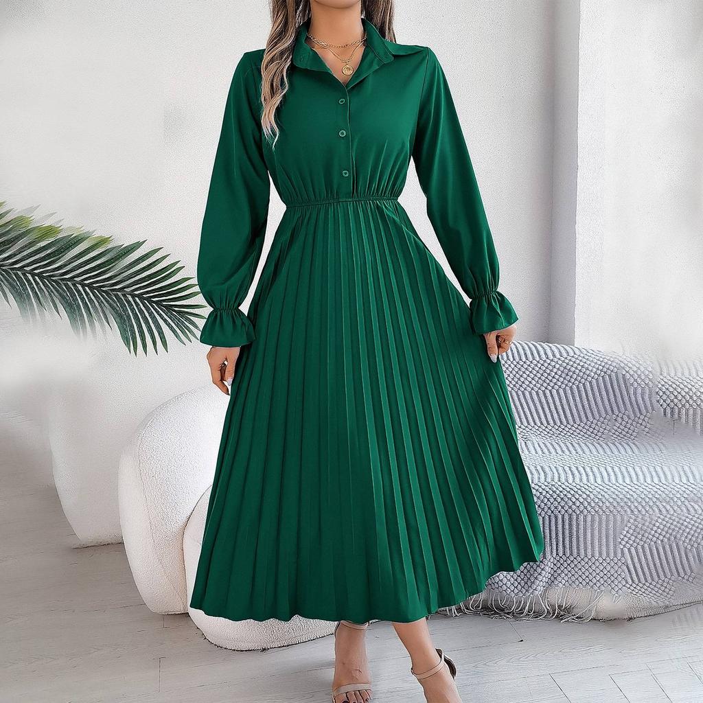 Женское модное ретро однотонное платье с длинными рукавами и пуговицами на талии и лацканами
