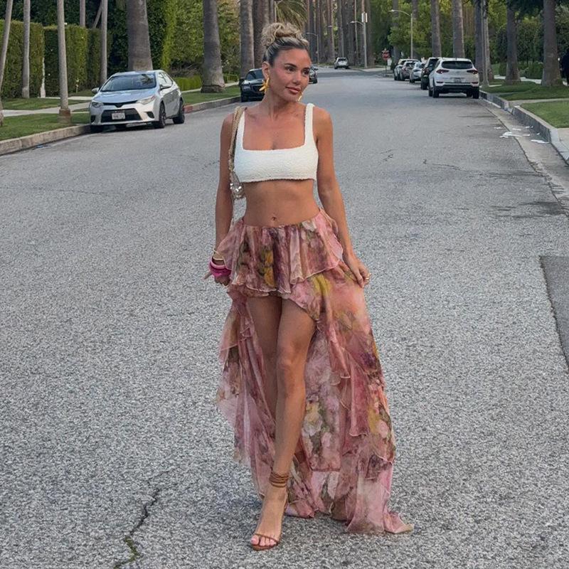 Европейский стиль 2024 года, макси-юбка с цветочным принтом, асимметричная, с двухслойными оборками