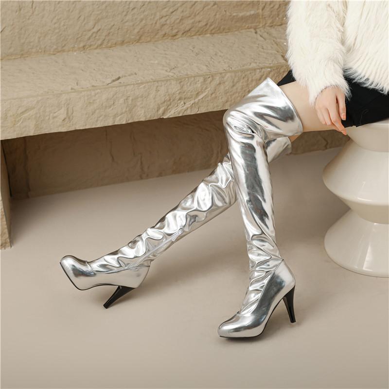 8/Women's High Heel Boots Sexy Gold Silver Steel Pipe Dance Boots Large Over Knee Boots