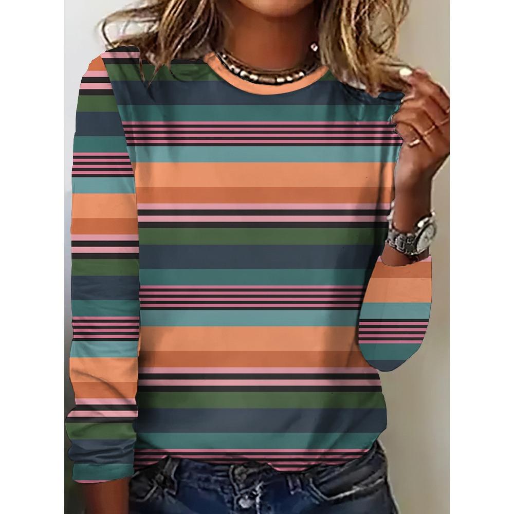 Женская футболка повседневная с длинным рукавом в полоску с принтом круглый вырез женская одежда оверсайз уличная винтажная футболка