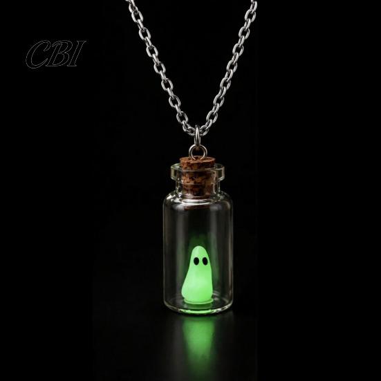 Halloween Party Decoration Ghost in Bottle Necklace, Glow The Dark Cute College Style Necklace Charm Jewelry, Adopt A Ghost/Cat/Dog Pendant