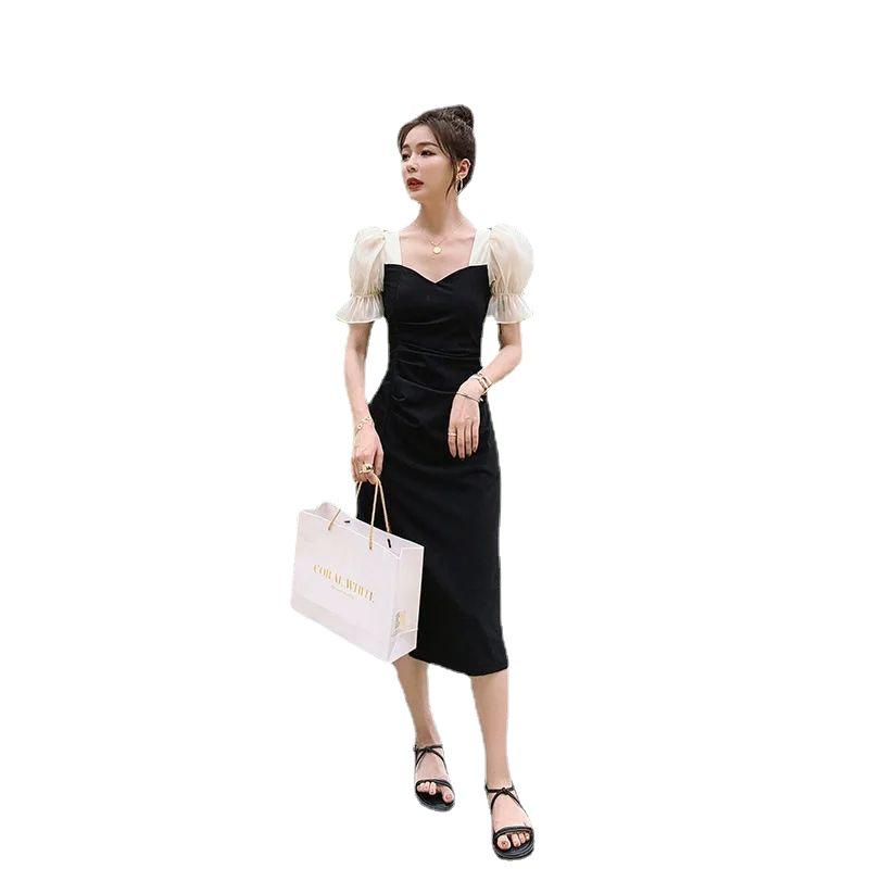 Женское летнее черное облегающее платье миди с короткими рукавами 2021 года
