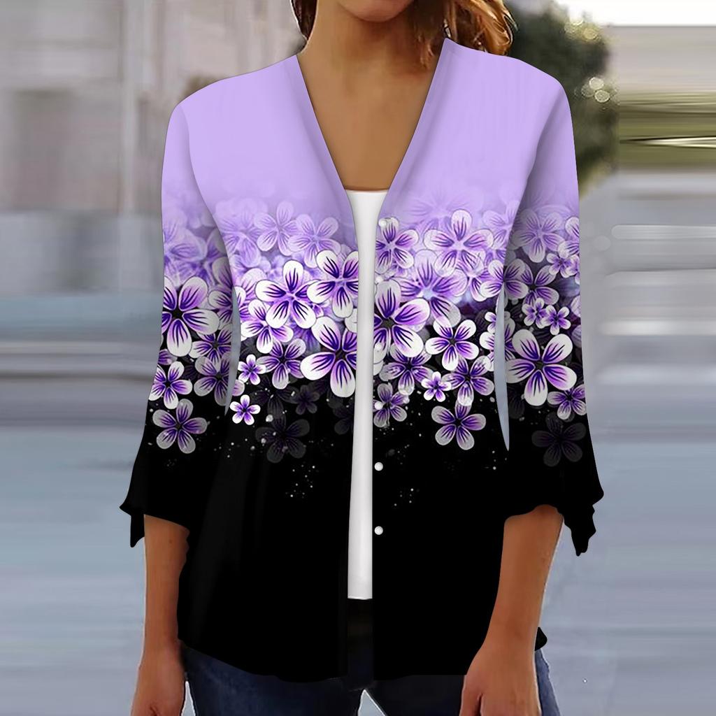 Рубашки с рукавом 3/4 для женщин, свободная футболка с принтом, топы с v-образным вырезом и рюшами на рукавах