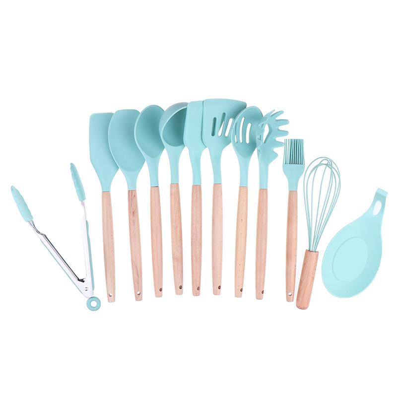 Силиконовый набор кухонных принадлежностей для приготовления пищи с бамбуковыми деревянными ручками