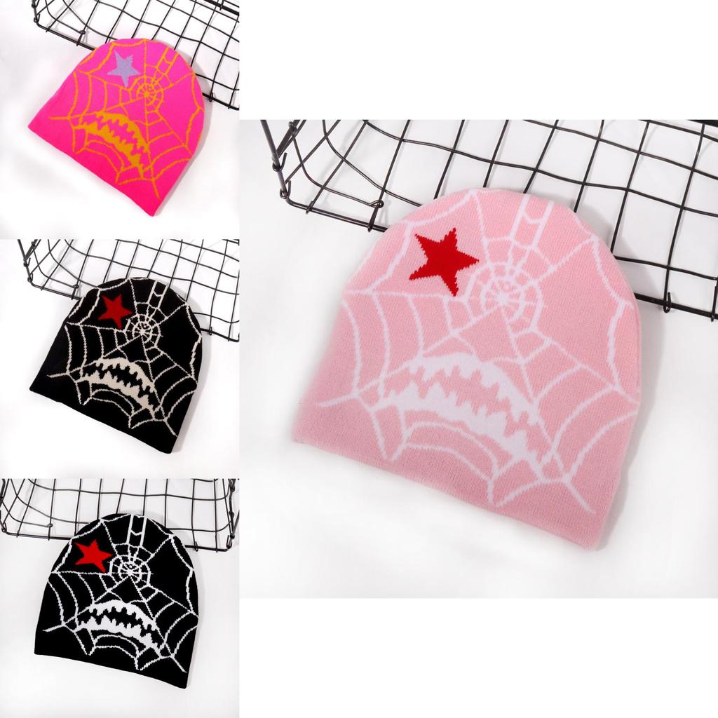 Gothic Style Knit Cap Featuring Spider Web Design For Casual Wear