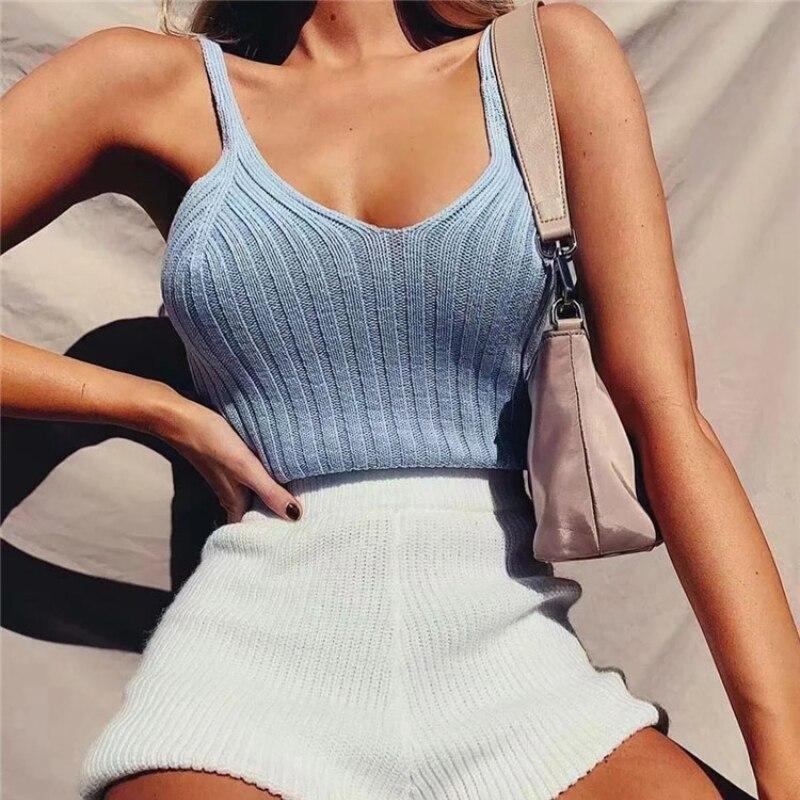 Сексуальные укороченные топы, вязаный топ на бретельках, женская летняя майка с открытой спиной, модный топ в рубчик, женский укороченный жилет без рукавов