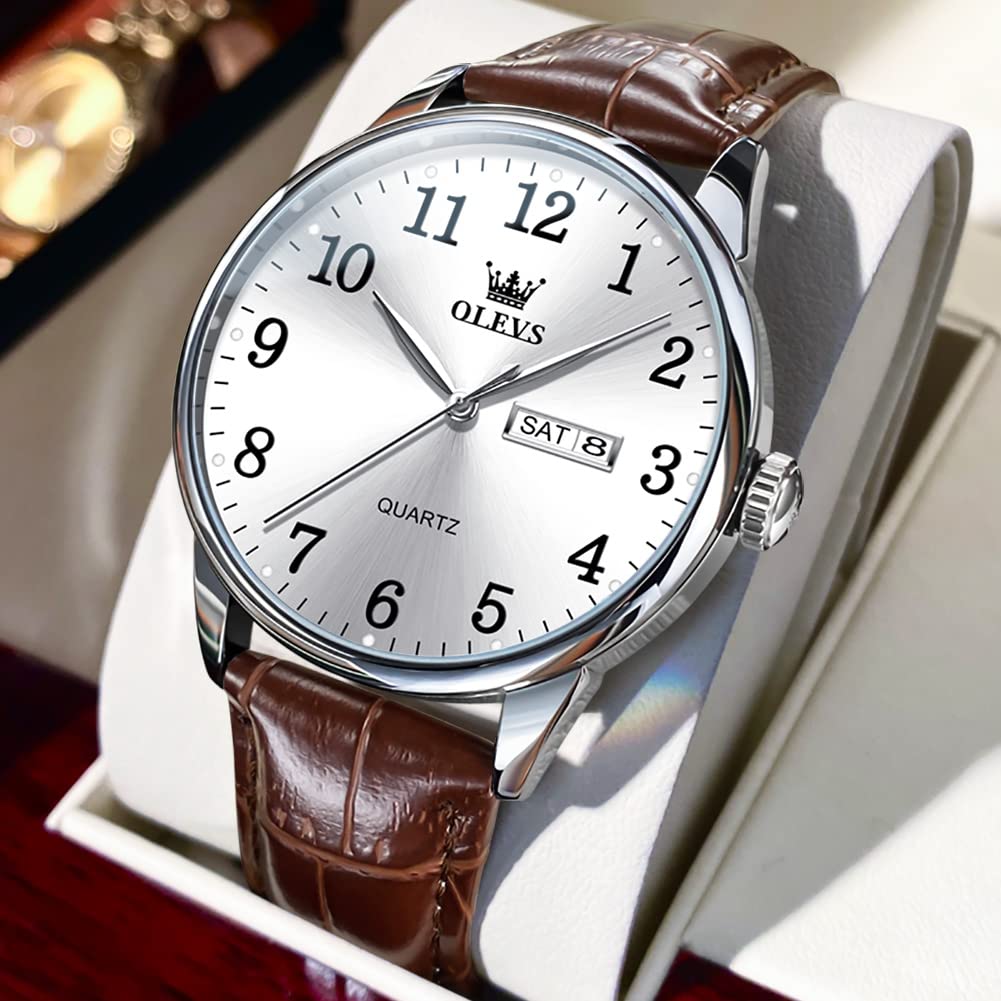 Olevs Популярные деловые кожаные часы с арабскими цифрами для повседневного ношения, удобные для чтения часы с большим циферблатом, мужские часы, дата, простые, стильные,