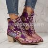 Autumn and Winter New Embroidered High-heeled Martin Boots Large Size Lace-up Thick-heeled Short Boots Women