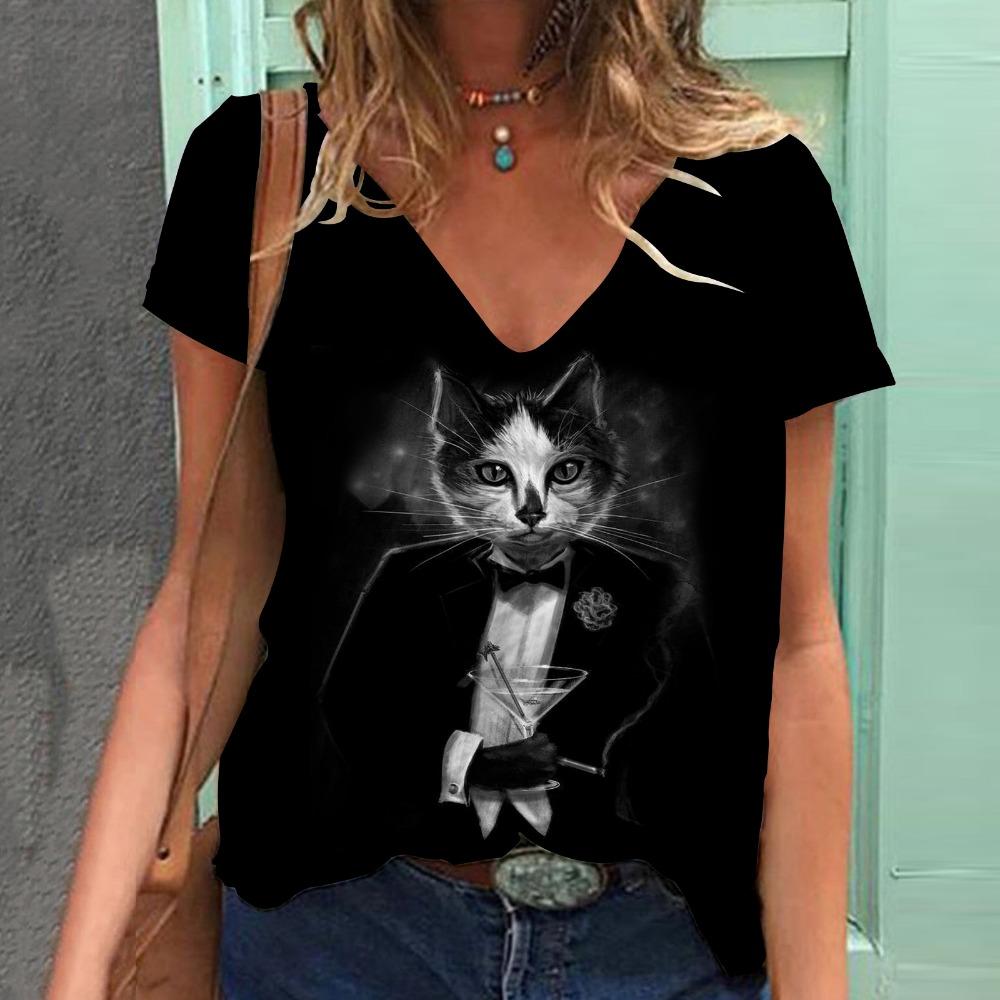 Модная женская футболка с рисунком кошки, короткий рукав, 3D-принт с изображением животных, футболка большого размера с V-образным вырезом, летняя женская одежда Y2k Harajuku