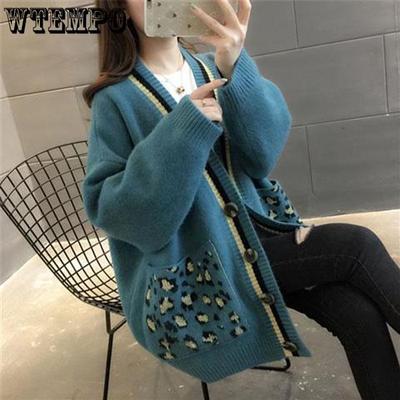 Весенне-осенний вязаный кардиган с V-образным вырезом, женский свитер с леопардовым принтом и карманами, универсальное студенческое пальто средней длины, кардиган