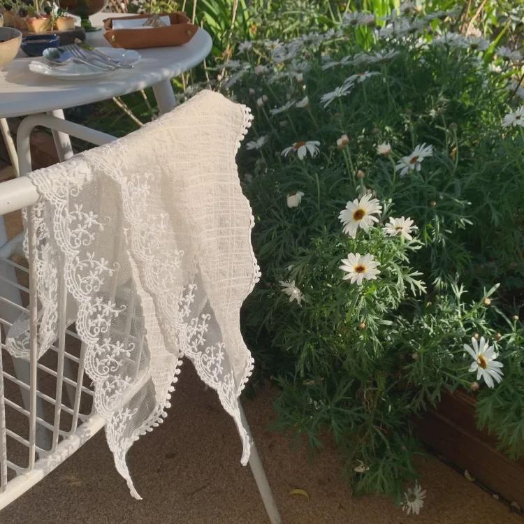 French Lace Triangle Scarf with Beige Floral Design, Retro Headscarf, Hairband, Bag Accent, and All-Match Ribbon Scarf