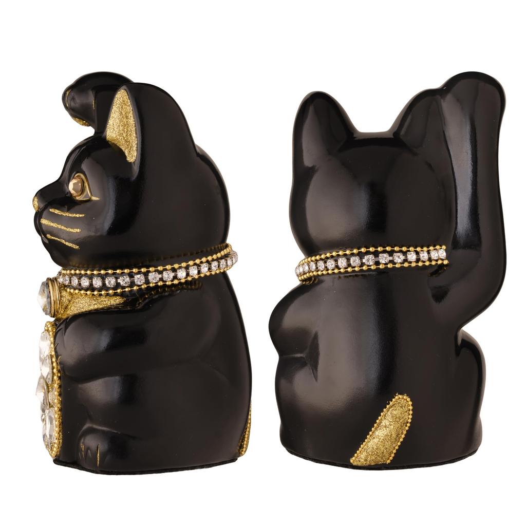 Lucky Cat Jewelry Cat Right Paw Raised Ceramic Lucky Cat Maneki Neko Auspicious Feng Shui Ornament (M-SIZE Black) / _ (jw_M Black)