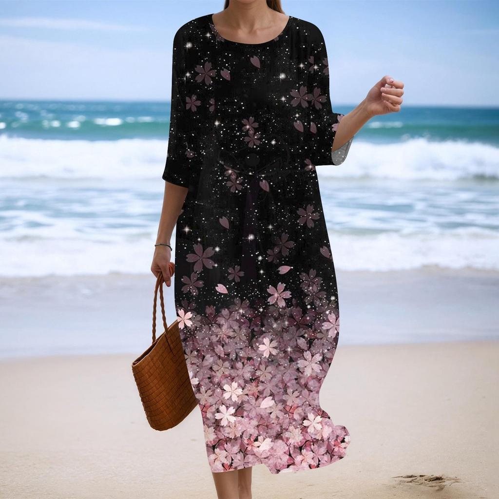 Женское модное платье свободного кроя с принтом, круглым вырезом и рукавом три четверти