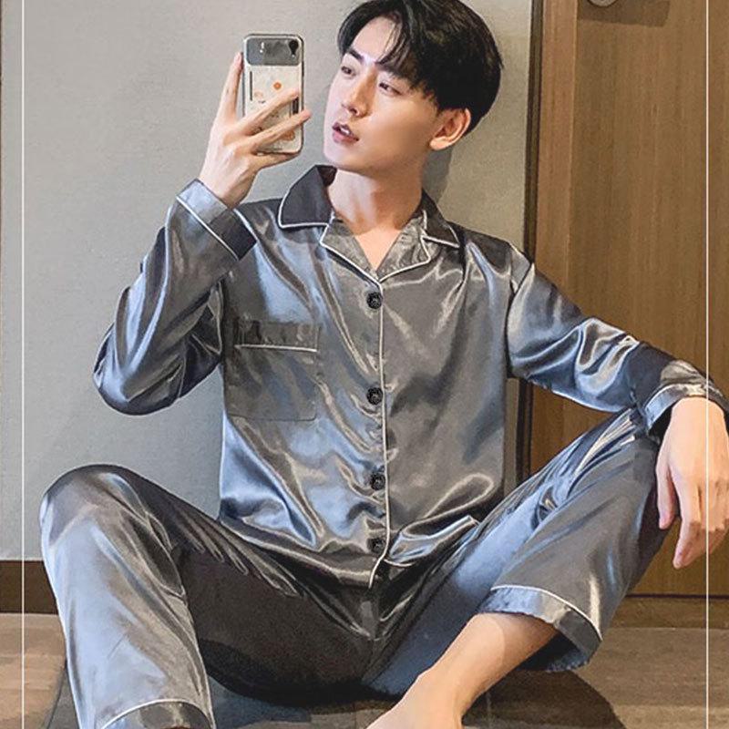 Мужской пижамный комплект с длинным рукавом из ледяного шелка на 2024 год - Легкая весенне-осенняя домашняя одежда