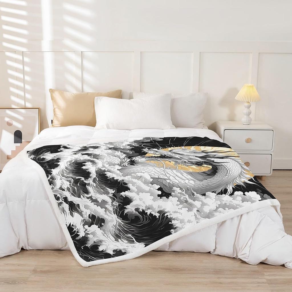 GUOYU Blanket Dragon Fleece Throw Blanket Japanese Ukiyoe Theme Sherpa Blanket Queen for Bed Sofa Couch Girls Japanese Style Plush Blanket