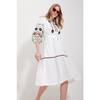 Women's White Full Collar Balloon Sleeve Lined Belted Embroidery Dress Alc-x11571