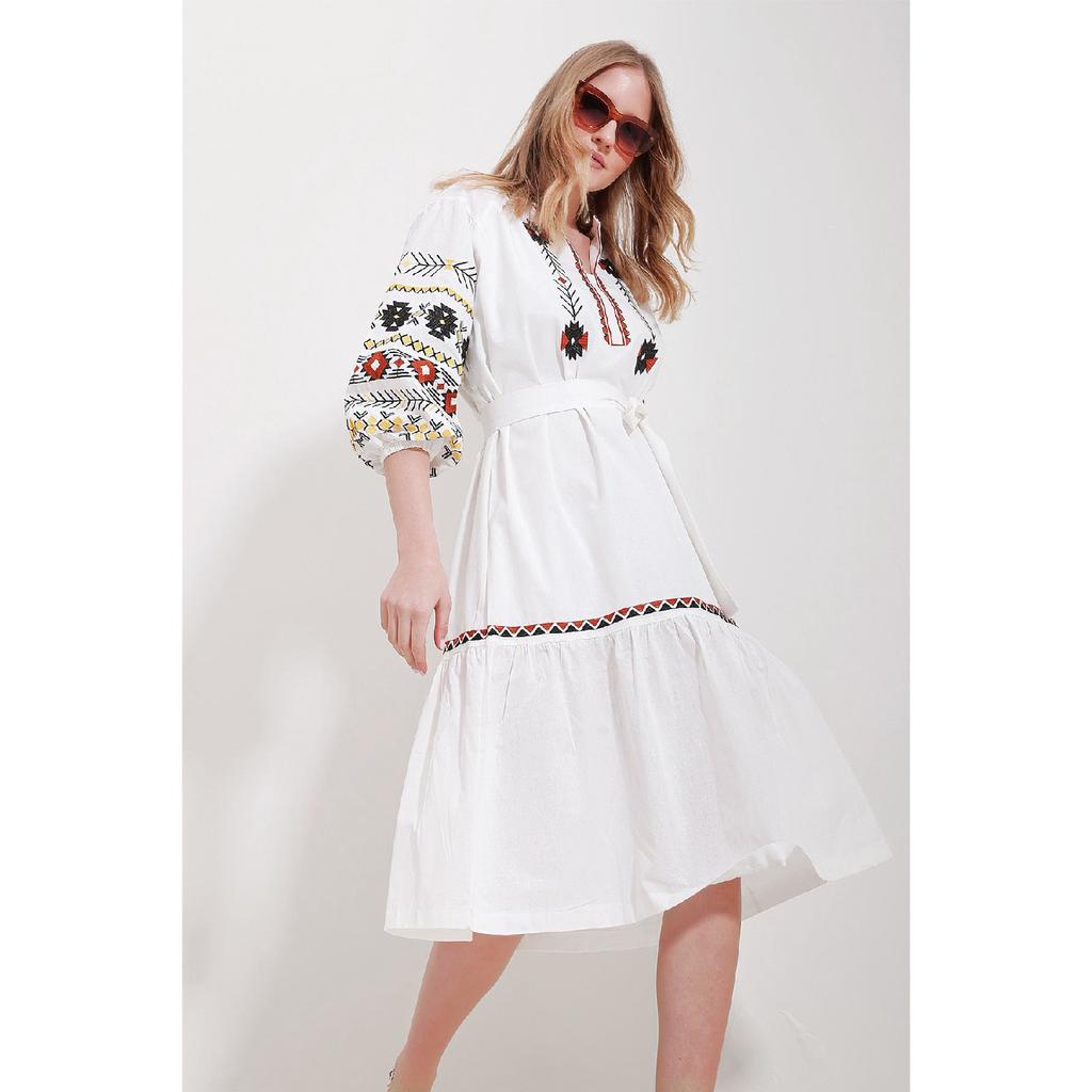 Women's White Full Collar Balloon Sleeve Lined Belted Embroidery Dress Alc-x11571
