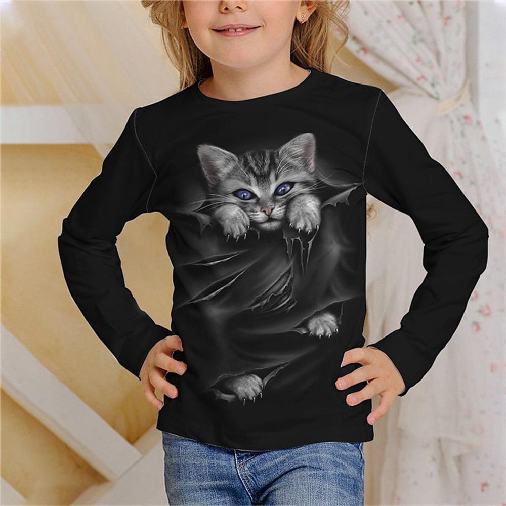 Girl Clothes Casual 3D Cat Graphic T Shirts Long Sleeve Tshirts Round Neck White T-Shirt Fashion Tops Outdoor Clothing for Girls