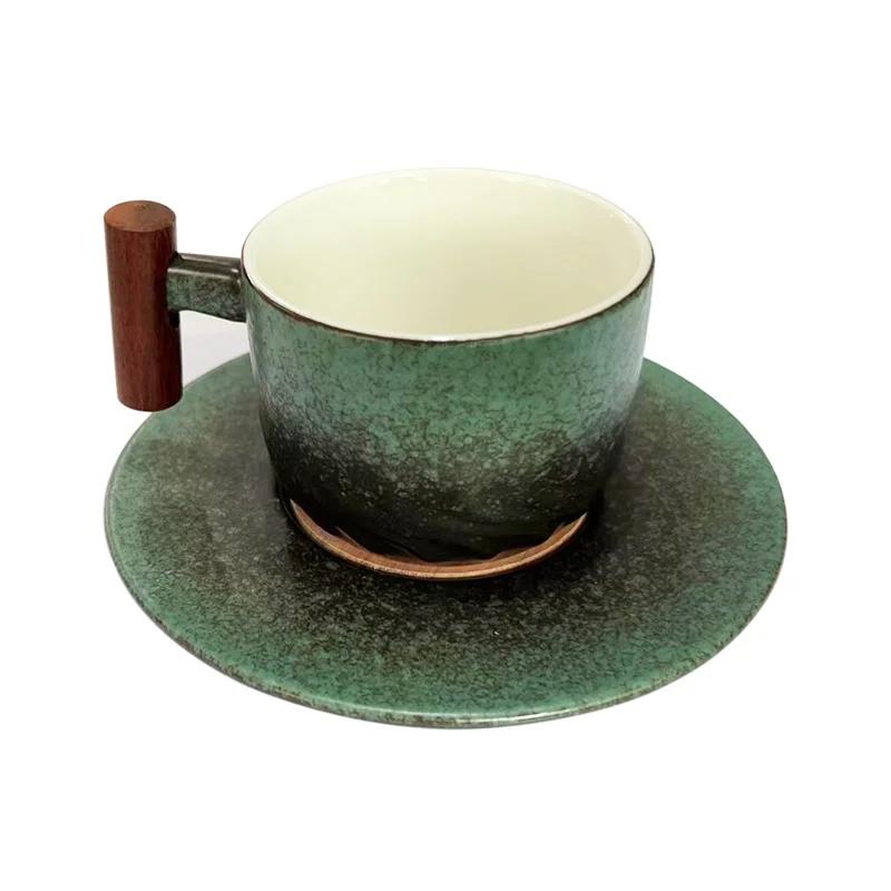 Синяя ретро керамическая кофейная чашка с блюдцем 130 мл деревянная ручка чашка для чая воды фильтр кружка для чая ручной работы матовая чашка для чая кофе подарок