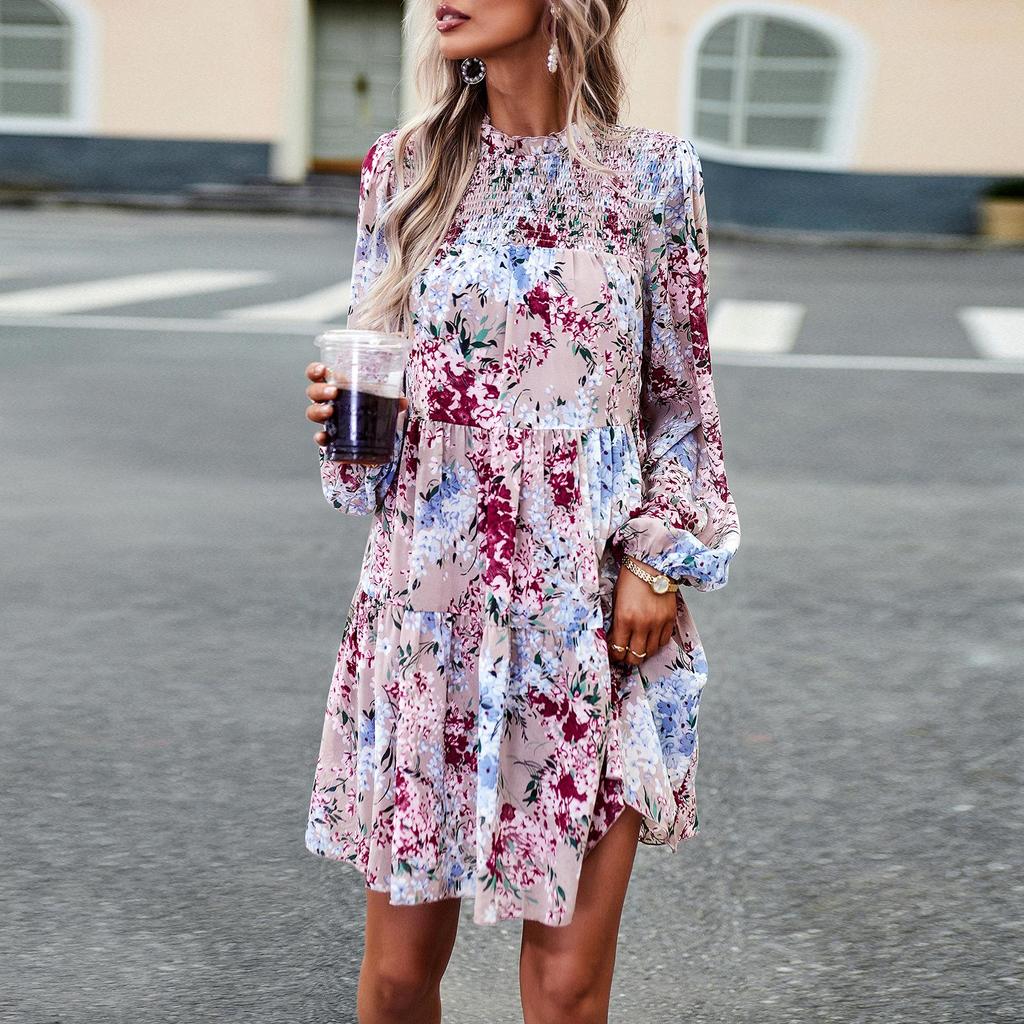 Women's O Neck Long Sleeve Loose All Match Casual Printed Floral Short Dress