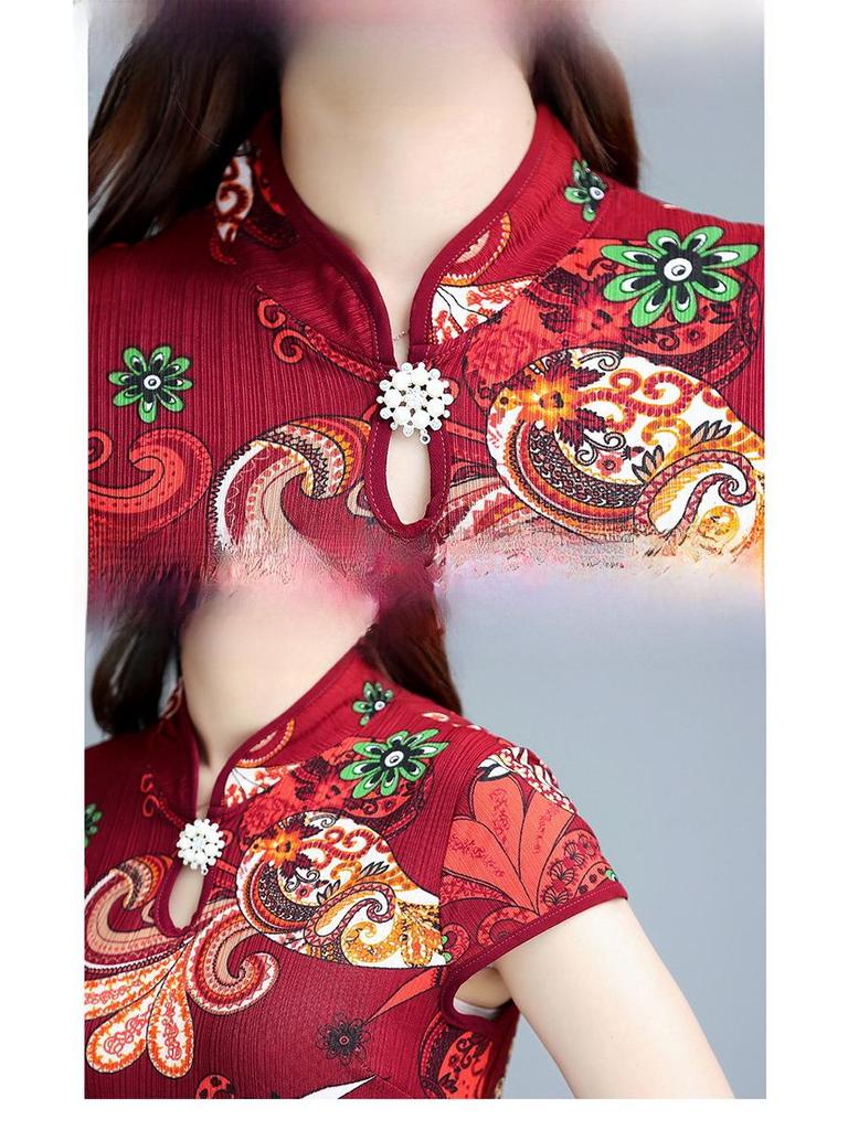 Новый стиль китайского чонсама: Платье облегающего кроя средней длины с короткими рукавами и летним принтом