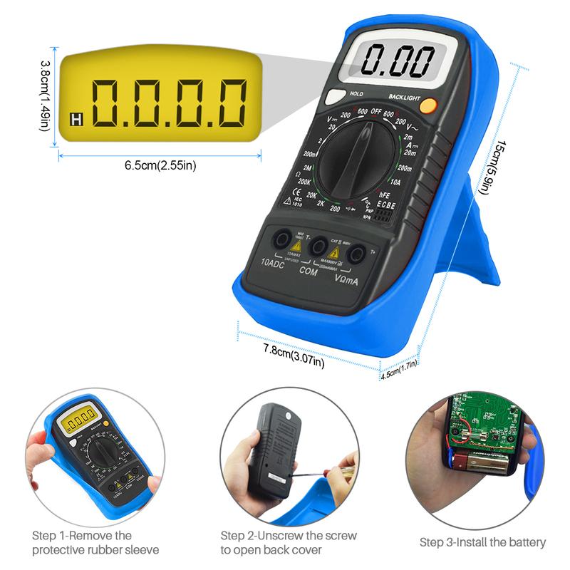 Multimeter 3 1/2 Digit LCD Multimeter Backlight DMM Measure DC AC Voltage Current Resistance Temperature Diode Continuity hFE