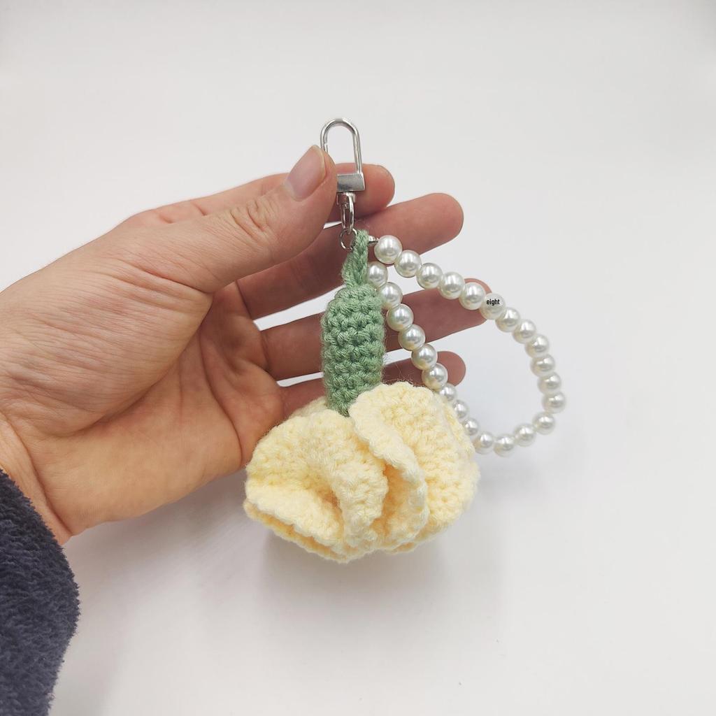 Korean-Style Pearl Chain Crochet Carnation Keychain - Mother's Day Gift Accessory